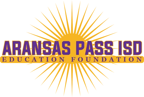 Aransas Pass ISD is printed on a thin yellow background that is gold, and in the middle has a sun with thin radiant rays coming from it
